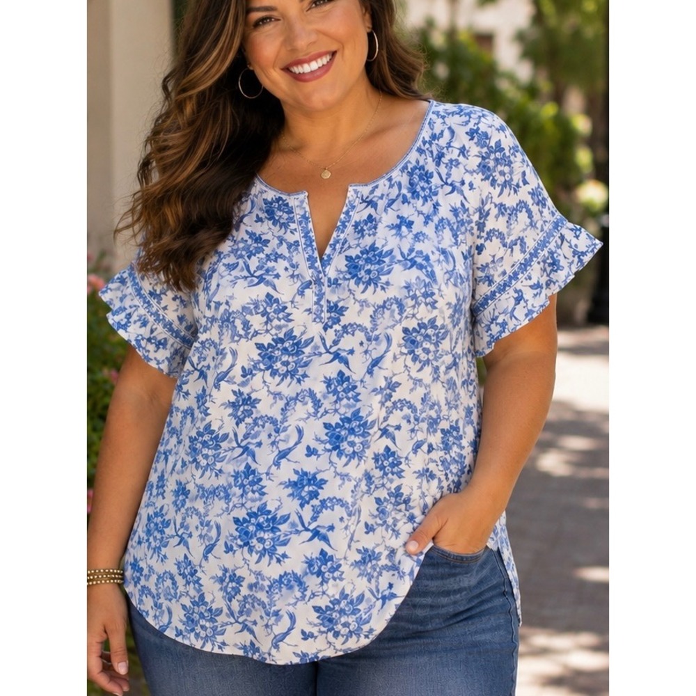 Max Studio Womens Blouse Blue White Plus 1X Floral Bird Coastal Cottagecore NWT